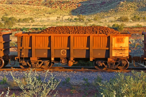 0831 170513 8656
Robe River ore waggon 831, built by Centurion Industries WA, handbrake side loaded view, Cape Lambert yard, May 13, 2017.
Keywords: 831;Centurion-Industries-WA;Robe-ore-waggon;