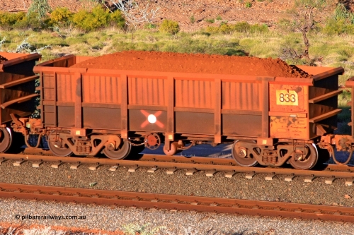 0833 110602 1687
Robe River ore waggon 833, built by Centurion Industries WA, rotary coupler end handbrake side loaded view at the 71 km, Western Creek on the Deepdale line. June 2, 2011.
Keywords: 833;Centurion-Industries-WA;Robe-ore-waggon;