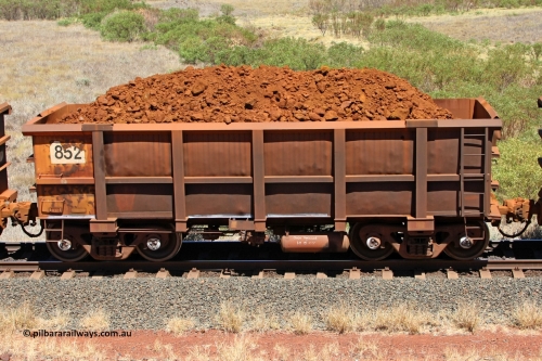 0852 081209 0147
Robe River ore waggon 852, built by Centurion Industries WA, fixed coupler non-handbrake side loaded view at the 7 km location just south of Cape Lambert yard. December 9, 2008.
Keywords: 852;Centurion-Industries-WA;Robe-ore-waggon;
