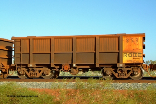 0853 050110 175356
Robe River ore waggon 853, built by Centurion Industries WA, handbrake side empty view, Harding Siding on the Cape Lambert line, 1753 hours, January 10, 2005.
Keywords: 853;Centurion-Industries-WA;Robe-ore-waggon;