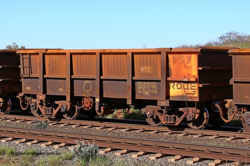 0853 160727 0980
Robe River ore waggon 853, built by Centurion Industries WA, rotary coupler end handbrake side empty view at Harding Siding on the Cape Lambert line, July 27, 2016.
Keywords: 853;Centurion-Industries-WA;Robe-ore-waggon;