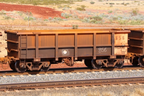 0856 141124 6806
Robe River ore waggon 856, built by Centurion Industries WA, fixed coupler handbrake side empty view at the 25 km at Arches Siding on the Cape Lambert line. November 24, 2014.
Keywords: 856;Centurion-Industries-WA;Robe-ore-waggon;