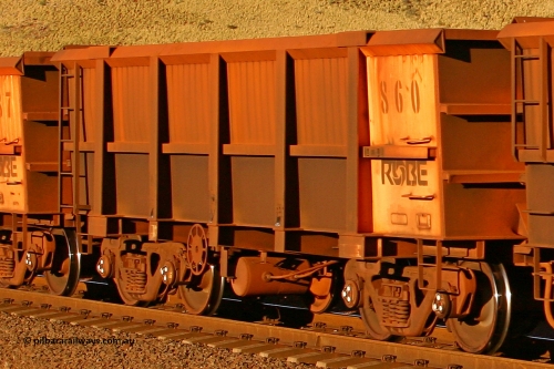 0860 060722 7636
Robe River ore waggon 860, built by Centurion Industries WA, rotary coupler end handbrake side empty view, at the 11.7 km, Cape Lambert. July 22, 2006.
Keywords: 860;Centurion-Industries-WA;Robe-ore-waggon;