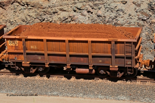 0863 160306 1626
Robe River ore waggon 863, built by Centurion Industries WA, fixed coupler non-handbrake side loaded view, at the 45 km, Harding Siding on the Cape Lambert line. March 6, 2016.
Keywords: 863;Centurion-Industries-WA;Robe-ore-waggon;