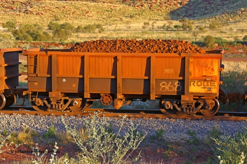 0868 170513 8700
Robe River ore waggon 868, built by Centurion Industries WA, handbrake side loaded view, Cape Lambert yard, May 13, 2017.
Keywords: 868;Centurion-Industries-WA;Robe-ore-waggon;