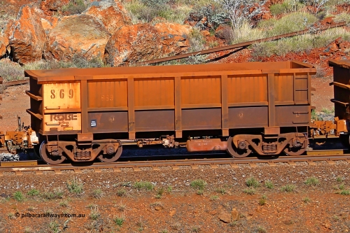 0869 180616 1742
Robe River ore waggon 869, built by Centurion Industries WA, rotary coupler end non-handbrake side empty view at the 38 km, Harding on the Cape Lambert line, June 16, 2018.
Keywords: 869;Centurion-Industries-WA;Robe-ore-waggon;