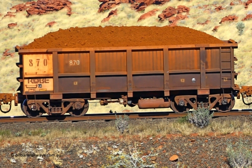 0870 170728 09935
Robe River ore waggon 870, built by Centurion Industries WA, non-handbrake side loaded view at the 72 km, Western Creek on the Deepdale line. July 28, 2017.
Keywords: 870;Centurion-Industries-WA;Robe-ore-waggon;