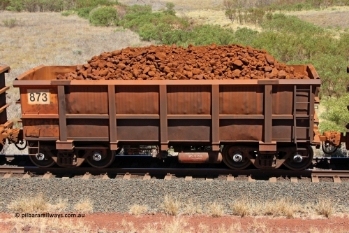 0873 081209 0135
Robe River ore waggon 873, built by Centurion Industries WA, non-handbrake side loaded view at the 7 km location just south of Cape Lambert yard. December 9, 2008.
Keywords: 873;Centurion-Industries-WA;Robe-ore-waggon;