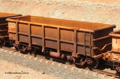 0873 160306 1281
Robe River ore waggon 873, built by Centurion Industries WA, fixed coupler non-handbrake side empty view at Greenpool on the Cape Lambert line. March 6, 2016.
Keywords: 873;Centurion-Industries-WA;Robe-ore-waggon;