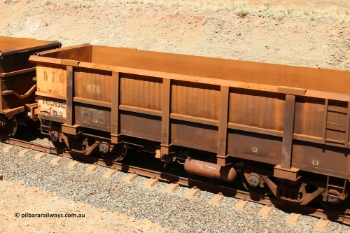0876 160306 1346
Robe River ore waggon 876, built by Centurion Industries WA, fixed coupler non-handbrake side empty partial view, shows drop rib on previous waggon, at Greenpool on the Cape Lambert line. March 6, 2016.
Keywords: 876;Centurion-Industries-WA;Robe-ore-waggon;