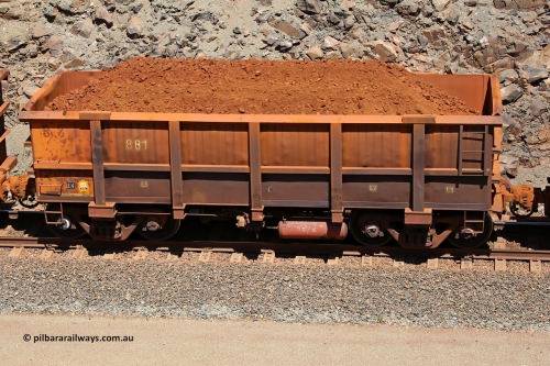 0881 160306 1540
Robe River ore waggon 881, built by Centurion Industries WA, fixed coupler non-handbrake side loaded view, at the 45 km, Harding Siding on the Cape Lambert line. March 6, 2016.
Keywords: 881;Centurion-Industries-WA;Robe-ore-waggon;