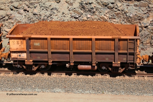 0886 160306 1547
Robe River ore waggon 886, built by Centurion Industries WA, fixed coupler non-handbrake side loaded view, at the 45 km, Harding Siding on the Cape Lambert line. March 6, 2016.
Keywords: 886;Centurion-Industries-WA;Robe-ore-waggon;
