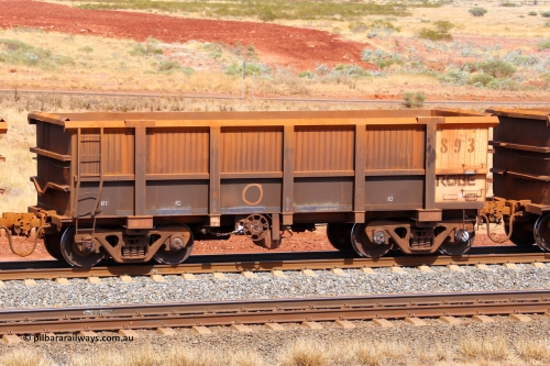 0893 141124 6867
Robe River ore waggon 893, built by Centurion Industries WA, fixed coupler handbrake side empty view at the 25 km at Arches Siding on the Cape Lambert line. November 24, 2014.
Keywords: 893;Centurion-Industries-WA;Robe-ore-waggon;