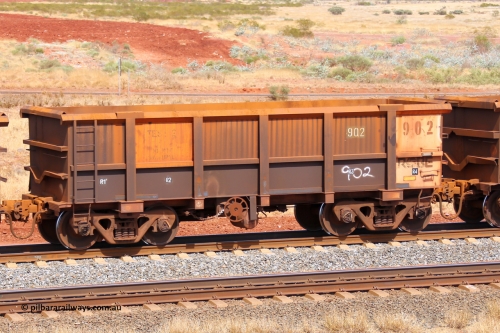 0902 141124 6835
Robe River ore waggon 902, built by Centurion Industries WA, fixed coupler handbrake side empty view at the 25 km at Arches Siding on the Cape Lambert line. November 24, 2014.
Keywords: 902;Centurion-Industries-WA;Robe-ore-waggon;