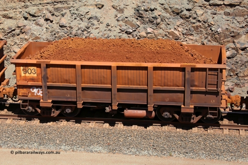 0903 160306 1585
Robe River ore waggon 903, built by Centurion Industries WA, fixed coupler non-handbrake side loaded view, at the 45 km, Harding Siding on the Cape Lambert line. March 6, 2016.
Keywords: 903;Centurion-Industries-WA;Robe-ore-waggon;