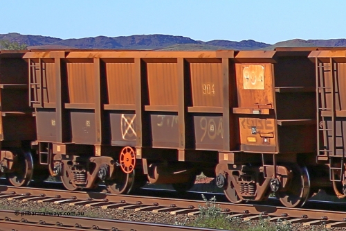 0904 160727 0974
Robe River ore waggon 904, built by Centurion Industries WA, rotary coupler end handbrake side empty view at Harding Siding on the Cape Lambert line, July 27, 2016.
Keywords: 904;Centurion-Industries-WA;Robe-ore-waggon;
