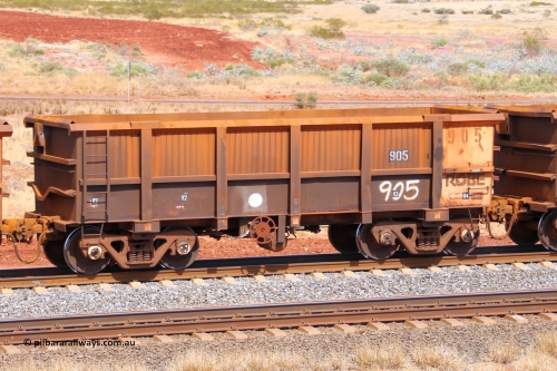 0905 141124 6828
Robe River ore waggon 905, built by Centurion Industries WA, fixed coupler handbrake side empty view at the 25 km at Arches Siding on the Cape Lambert line. November 24, 2014.
Keywords: 905;Centurion-Industries-WA;Robe-ore-waggon;