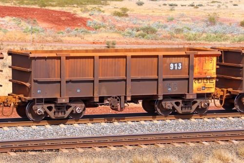 0913 141124 6816
Robe River ore waggon 913, built by Centurion Industries WA, fixed coupler handbrake side empty view at the 25 km at Arches Siding on the Cape Lambert line. November 24, 2014.
Keywords: 913;Centurion-Industries-WA;Robe-ore-waggon;