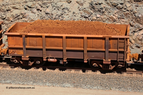 0915 160306 1597
Robe River ore waggon 915, built by Centurion Industries WA, fixed coupler non-handbrake side loaded view, at the 45 km, Harding Siding on the Cape Lambert line. March 6, 2016.
Keywords: 915;Centurion-Industries-WA;Robe-ore-waggon;