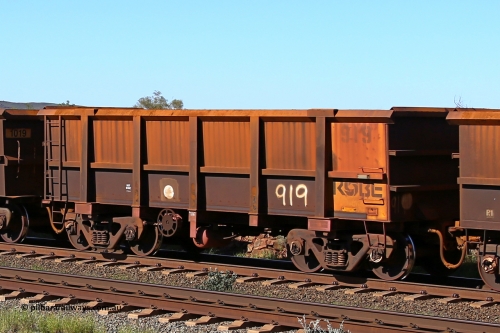 0919 160727 0950
Robe River ore waggon 919, built by Centurion Industries WA, rotary coupler end handbrake side empty view at Harding Siding on the Cape Lambert line, July 27, 2016.
Keywords: 919;Centurion-Industries-WA;Robe-ore-waggon;