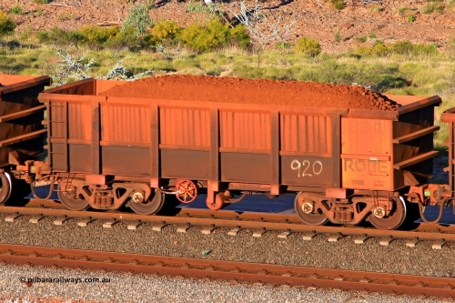 0920 110602 1707
Robe River ore waggon 920, built by Centurion Industries WA, rotary coupler end handbrake side loaded view at the 71 km, Western Creek on the Deepdale line. June 2, 2011.
Keywords: 920;Centurion-Industries-WA;Robe-ore-waggon;