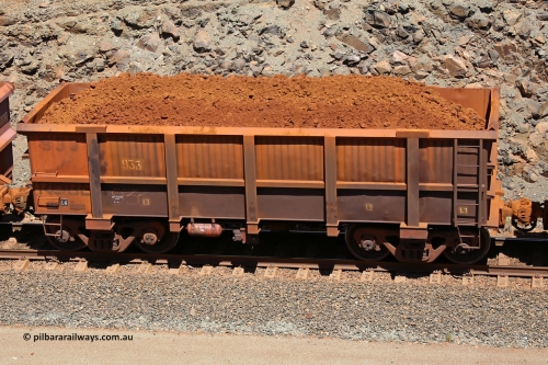 0933 160306 1575
Robe River ore waggon 933, built by Centurion Industries WA, fixed coupler non-handbrake side loaded view, at the 45 km, Harding Siding on the Cape Lambert line. March 6, 2016.
Keywords: 933;Centurion-Industries-WA;Robe-ore-waggon;
