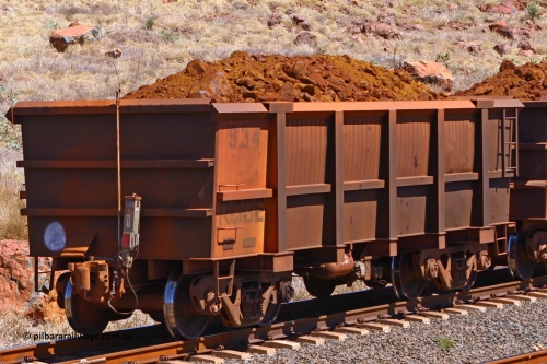 0934 061209 8194
Robe River ore waggon 934, built by Centurion Industries WA, rotary coupler end non-handbrake side loaded end of train view at it enters Cape Lambert yard, December 9, 2006.
Keywords: 934;Centurion-Industries-WA;Robe-ore-waggon;