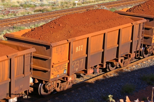0937 210322 9771
Robe River ore waggon 937, built by Centurion Industries  WA, rotary coupler end non-handbrake side loaded view at the 17 km on the Cape Lambert line, March 22, 2021.
Keywords: 937;Centurion-Industries-WA;Robe-ore-waggon;