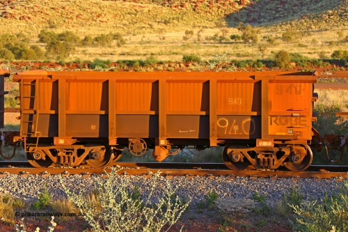 0940 170513 8771
Robe River ore waggon 940, built by Centurion Industries WA, rotary coupler end handbrake side empty view, Cape Lambert yard, May 13, 2017.
Keywords: 940;Centurion-Industries-WA;Robe-ore-waggon;