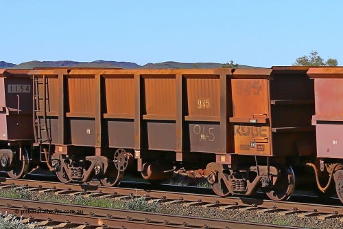 0945 160727 0955
Robe River ore waggon 945, built by Centurion Industries WA, rotary coupler end handbrake side empty view at Harding Siding on the Cape Lambert line, July 27, 2016.
Keywords: 945;Centurion-Industries-WA;Robe-ore-waggon;