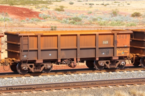 0948 141124 6789
Robe River ore waggon 948, built by Centurion Industries WA, fixed coupler handbrake side empty view at the 25 km at Arches Siding on the Cape Lambert line. November 24, 2014.
Keywords: 948;Centurion-Industries-WA;Robe-ore-waggon;