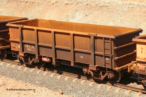 0953 160306 1250
Robe River ore waggon 953, built by Centurion Industries WA, fixed coupler non-handbrake side empty view at Greenpool on the Cape Lambert line. March 6, 2016.
Keywords: 953;Centurion-Industries-WA;Robe-ore-waggon;