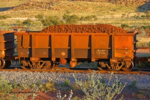 0955 170513 8658
Robe River ore waggon 955, built by Centurion Industries WA, rotary coupler end handbrake side loaded view, Cape Lambert yard, May 13, 2017.
Keywords: 955;Centurion-Industries-WA;Robe-ore-waggon;