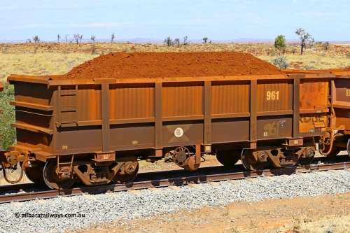 0961 170729 0217
Robe River ore waggon 961, built by Centurion Industries WA, fixed coupler handbrake side loaded view at the 103 km, between Maitland Siding and the Fortescue River on the Deepdale line. July 29, 2017.
Keywords: 961;Centurion-Industries-WA;Robe-ore-waggon;