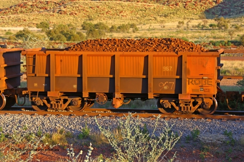 0967 170513 8694
Robe River ore waggon 967, built by Centurion Industries WA, rotary coupler end handbrake side loaded view, Cape Lambert yard, May 13, 2017.
Keywords: 967;Centurion-Industries-WA;Robe-ore-waggon;