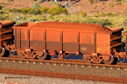 0968 110602 1710
Robe River ore waggon 968, built by Centurion Industries WA, rotary coupler end handbrake side loaded view at the 71 km, Western Creek on the Deepdale line. June 2, 2011.
Keywords: 968;Centurion-Industries-WA;Robe-ore-waggon;