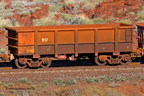 0969 180616 1705
Robe River ore waggon 969, built by Centurion Industries WA, rotary coupler end non-handbrake side empty view at the 38 km, Harding on the Cape Lambert line, June 16, 2018.
Keywords: 969;Centurion-Industries-WA;Robe-ore-waggon;