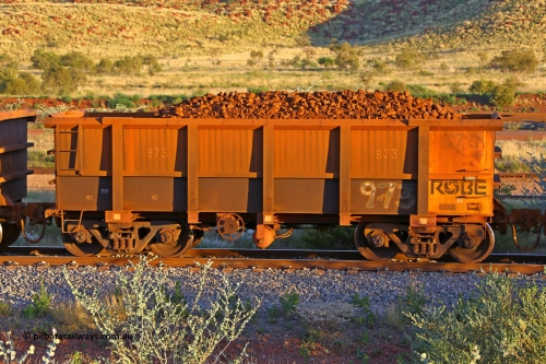 0973 170513 8714
Robe River ore waggon 972, built by Centurion Industries WA, rotary coupler end handbrake side loaded view, Cape Lambert yard, May 13, 2017.
Keywords: 973;Centurion-Industries-WA;Robe-ore-waggon;