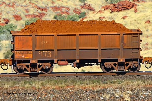 0973 170728 09909
Robe River ore waggon 973, built by Centurion Industries WA, non-handbrake side loaded view at the 72 km, Western Creek on the Deepdale line. July 28, 2017.
Keywords: 973;Centurion-Industries-WA;Robe-ore-waggon;
