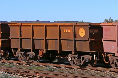 1001 160727 0979
Robe River ore waggon 1001, built by Bradken Rail Qld in December 2005, rotary coupler end handbrake side empty view at Harding Siding on the Cape Lambert line, July 27, 2016.
Keywords: 1001;Bradken-Rail-Qld;Robe-ore-waggon;