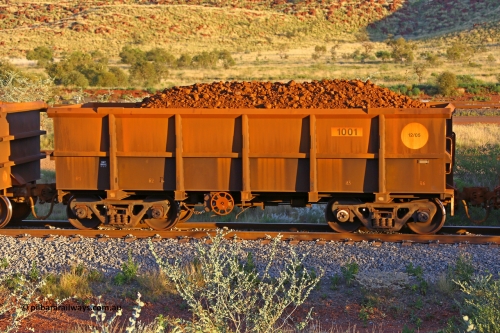 1001 170513 8707
Robe River ore waggon 1001, built by Bradken Rail Qld in December 2005, rotary coupler end handbrake side loaded view, Cape Lambert yard, May 13, 2017.
Keywords: 1001;Bradken-Rail-Qld;Robe-ore-waggon;
