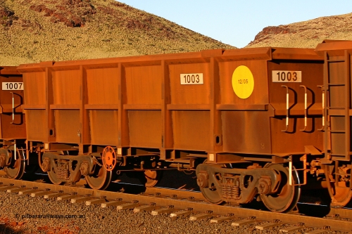 1003 060722 7598
Robe River ore waggon 1003, built by Bradken Rail Qld in December 2005, rotary coupler end handbrake side empty view, at the 11.7 km, Cape Lambert. July 22, 2006.
Keywords: 1003;Bradken-Rail-Qld;Robe-ore-waggon;
