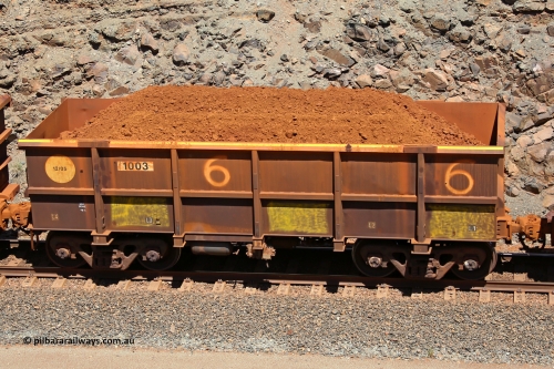 1003 160306 1558
Robe River ore waggon 1003, built by Bradken Rail Qld in December 2005, fixed coupler non-handbrake side loaded view, at the 45 km, Harding Siding on the Cape Lambert line. March 6, 2016.
Keywords: 1003;Bradken-Rail-Qld;Robe-ore-waggon;