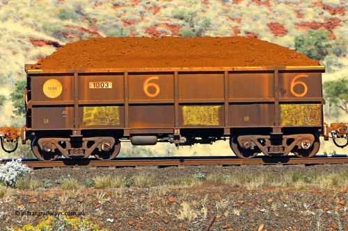 1003 170728 09925
Robe River ore waggon 1003, built by Bradken Rail Qld in December 2005, non-handbrake side loaded view at the 72 km, Western Creek on the Deepdale line. July 28, 2017.
Keywords: 1003;Bradken-Rail-Qld;Robe-ore-waggon;