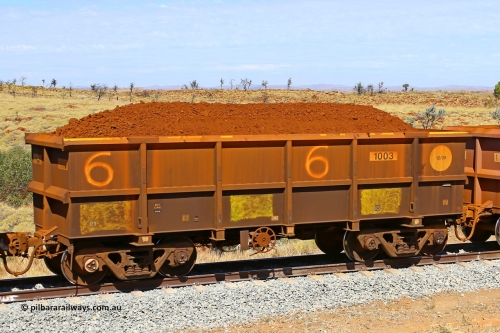 1003 170729 0250
Robe River ore waggon 1003, built by Bradken Rail Qld in December 2005, fixed coupler handbrake side loaded view at the 103 km, between Maitland Siding and the Fortescue River on the Deepdale line. July 29, 2017.
Keywords: 1003;Bradken-Rail-Qld;Robe-ore-waggon;