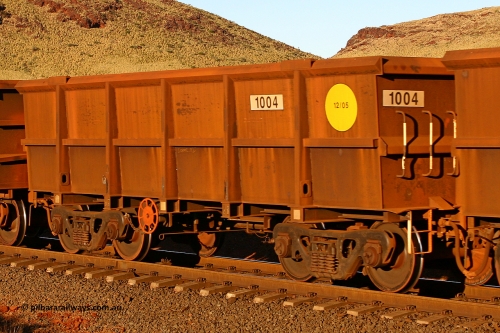 1004 060722 7603
Robe River ore waggon 1004, built by Bradken Rail Qld in December 2005, rotary coupler end handbrake side empty view, at the 11.7 km, Cape Lambert. July 22, 2006.
Keywords: 1004;Bradken-Rail-Qld;Robe-ore-waggon;