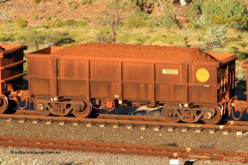1004 110602 1609
Robe River ore waggon 1004, built by Bradken Rail Qld in December 2005, rotary coupler end handbrake side loaded view at the 71 km, Western Creek on the Deepdale line. June 2, 2011.
Keywords: 1004;Bradken-Rail-Qld;Robe-ore-waggon;