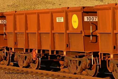 1007 060722 7598
Robe River ore waggon 1007, built by Bradken Rail Qld in December 2005, rotary coupler end handbrake side empty view, at the 11.7 km, Cape Lambert. July 22, 2006.
Keywords: 1007;Bradken-Rail-Qld;Robe-ore-waggon;