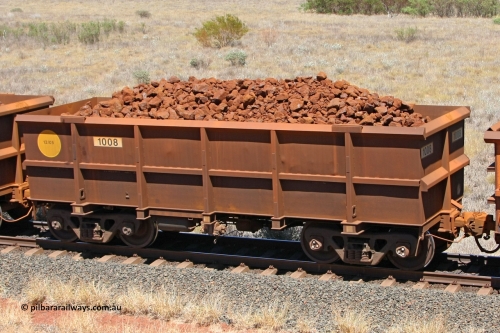1008 081209 0157
Robe River ore waggon 1008, built by Bradken Rail Qld in December 2005, non-handbrake side loaded view at the 7 km location just south of Cape Lambert yard. December 9, 2008.
Keywords: 1008;Bradken-Rail-Qld;Robe-ore-waggon;