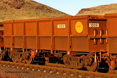 1009 060722 7600
Robe River ore waggon 1009, built by Bradken Rail Qld in December 2005, rotary coupler end handbrake side empty view, at the 11.7 km, Cape Lambert. July 22, 2006.
Keywords: 1009;Bradken-Rail-Qld;Robe-ore-waggon;